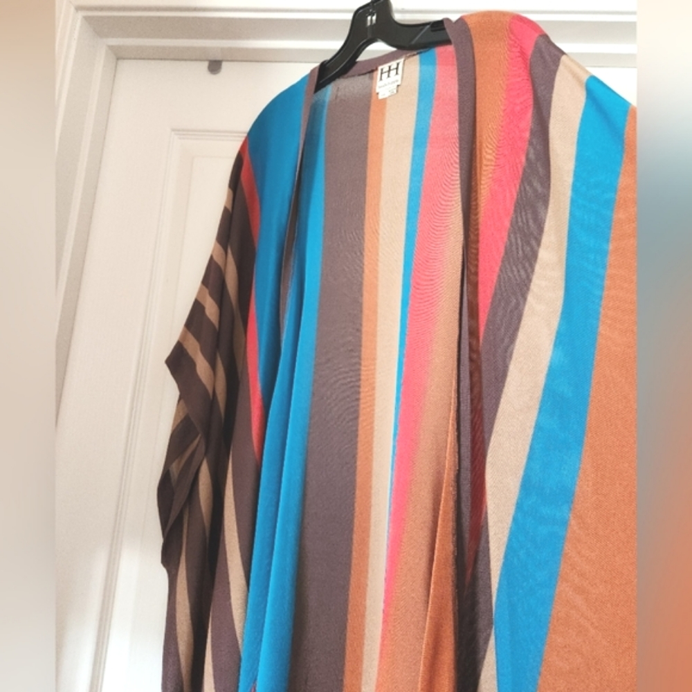 HAUTE HIPPIE Desert Stripes Western Turq Coral Midi Fringe Tunic Kimono Vest OS - Picture 6 of 16